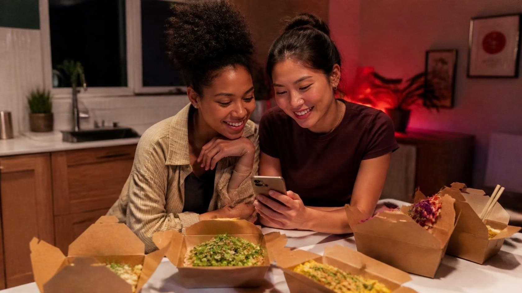 Deux amies choisissent leurs plats sur l’application, entourées de boîtes à emporter