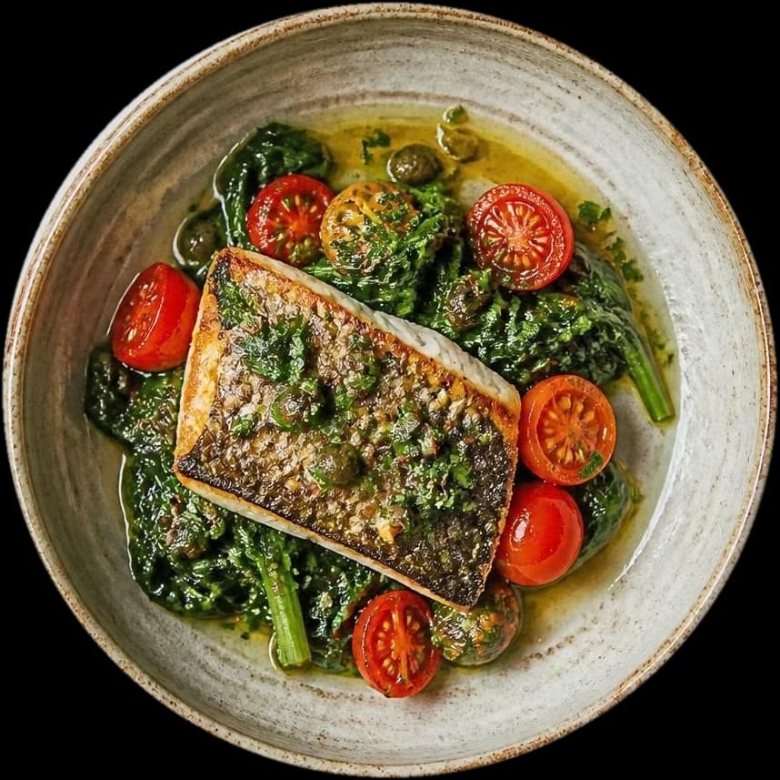 Filet de poisson grillé, légumes verts et tomates
