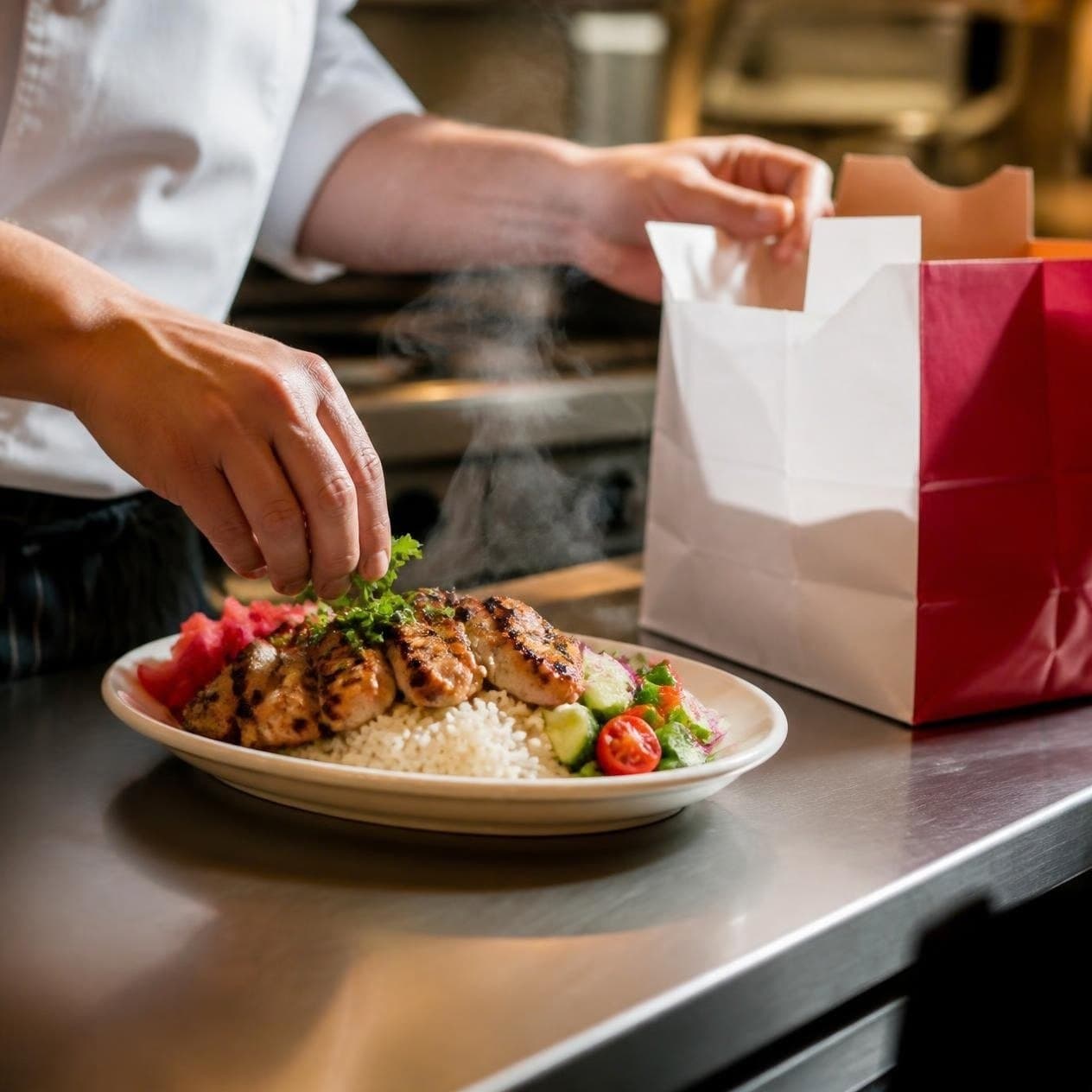 Un chef dresse une assiette en cuisine