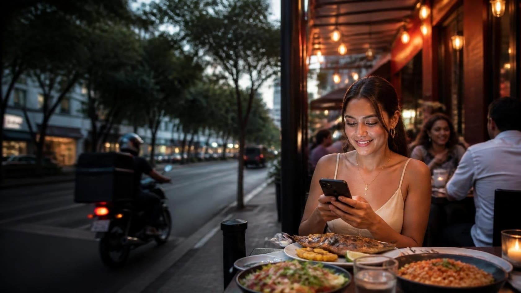 Terrasse de restaurant en ville au crépuscule : une cliente commande sur son téléphone pendant qu’un livreur passe à moto