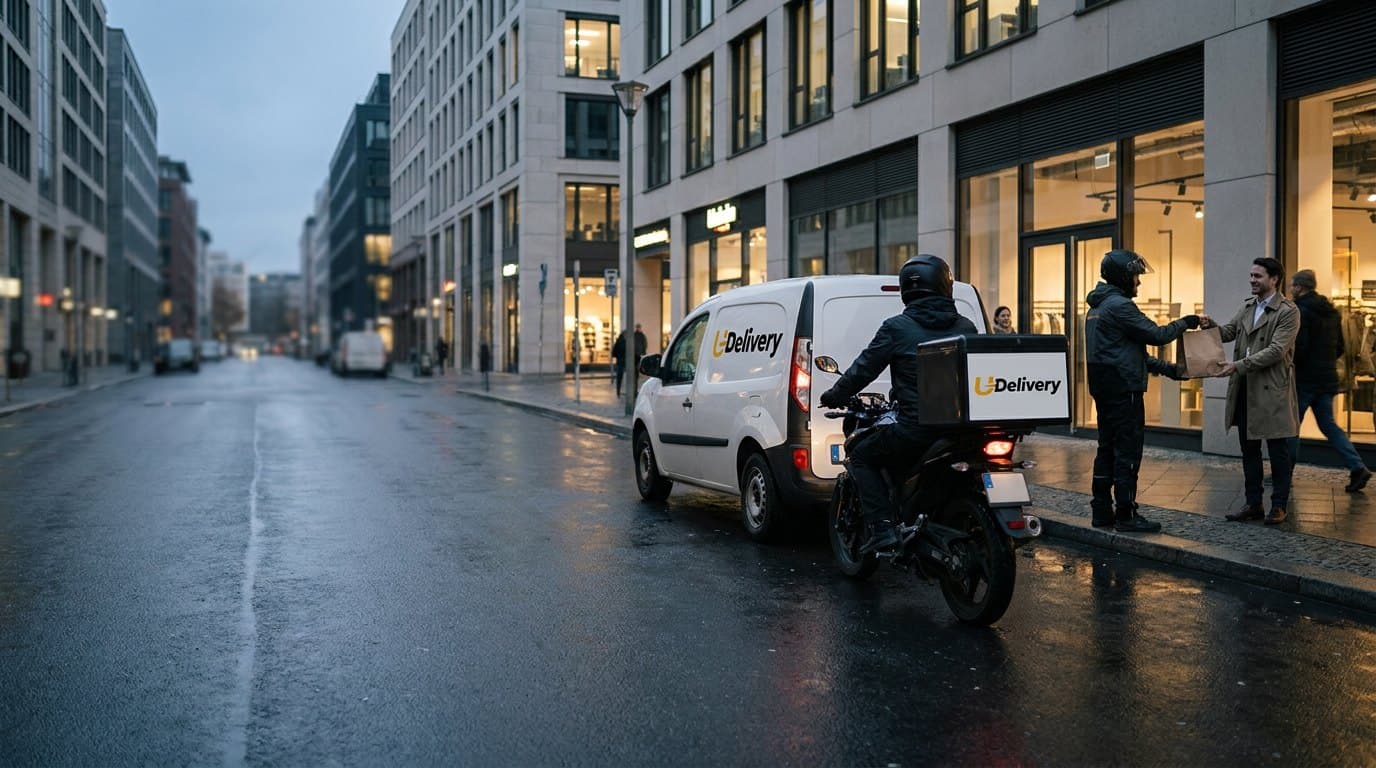 Un livreur UDelivery remet une commande à un client, devant le véhicule et la moto UDelivery