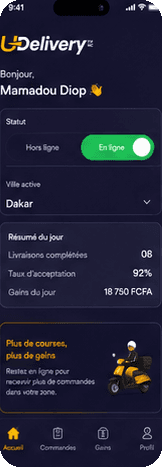 Application UDelivery : accueil du livreur et statut en ligne