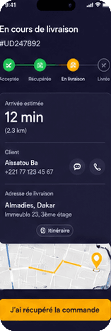 Application UDelivery : livraison en cours avec heure d’arrivée estimée