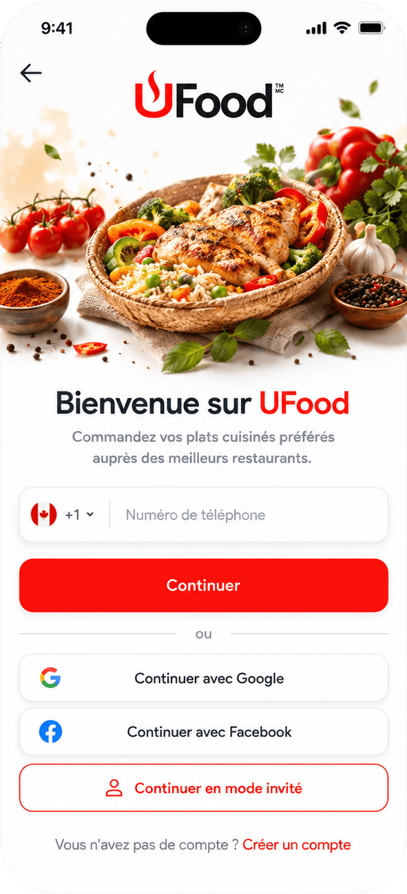 Application UFood : écran d’accueil « Bienvenue sur UFood »