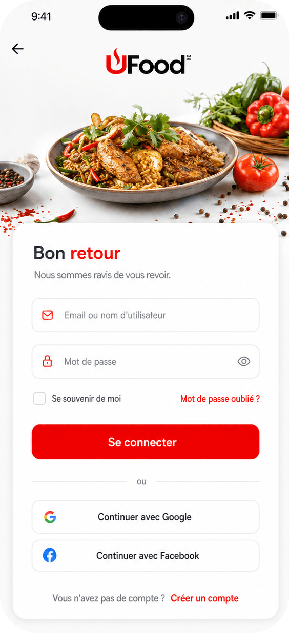Application UFood : écran de connexion « Bon retour »